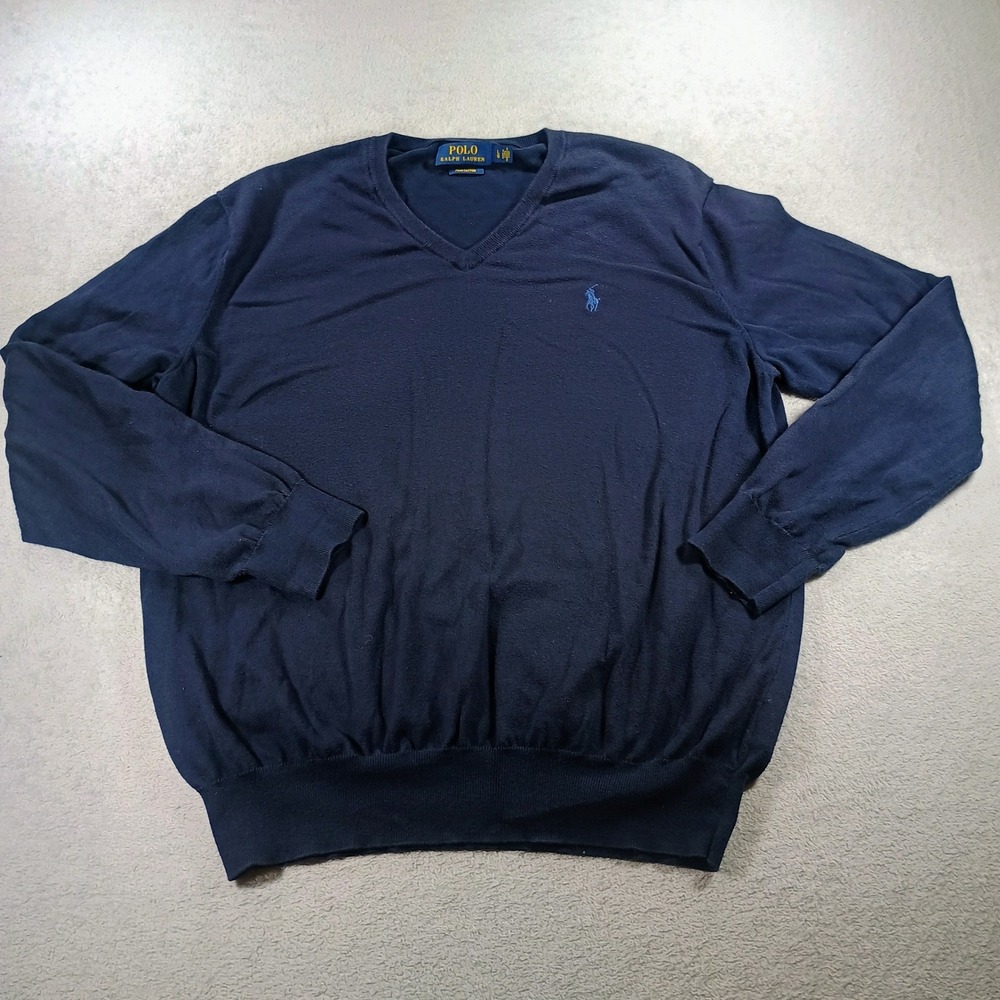 Polo Ralph Lauren Mens V-Neck Sweater Navy Blue Large Pima Cotton Knit